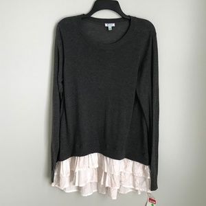 New Susina Gray Ruffle Ivory Floral Trim Sweater Small